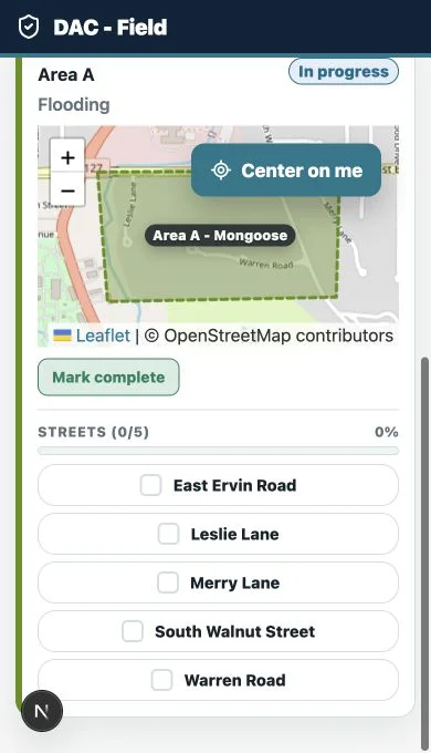 ImpactGrid mobile field view showing a team's assigned area and street checklist
