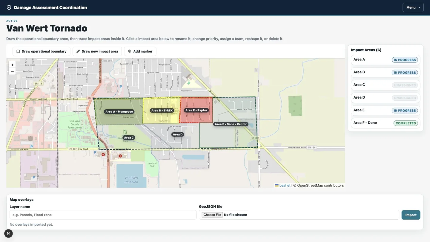 ImpactGrid incident map showing color-coded impact areas and their operational status